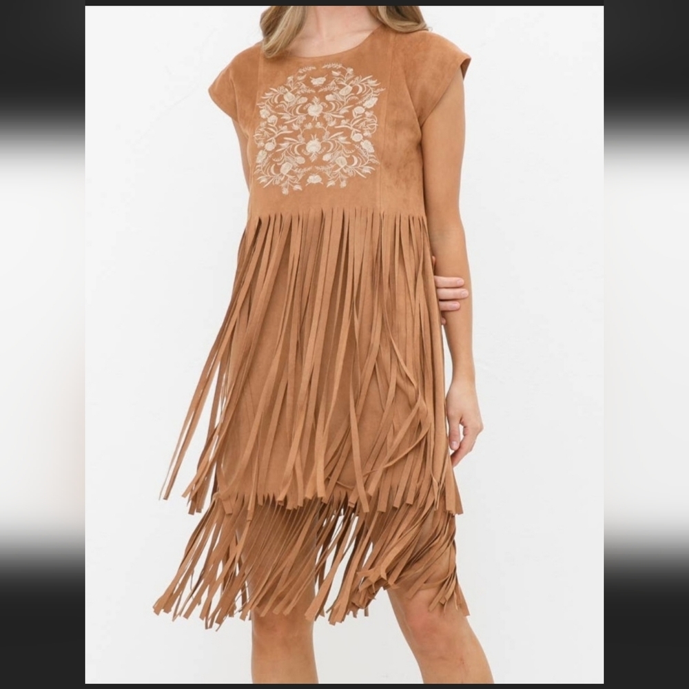Embroidered Front, Tiered Fringe Dress